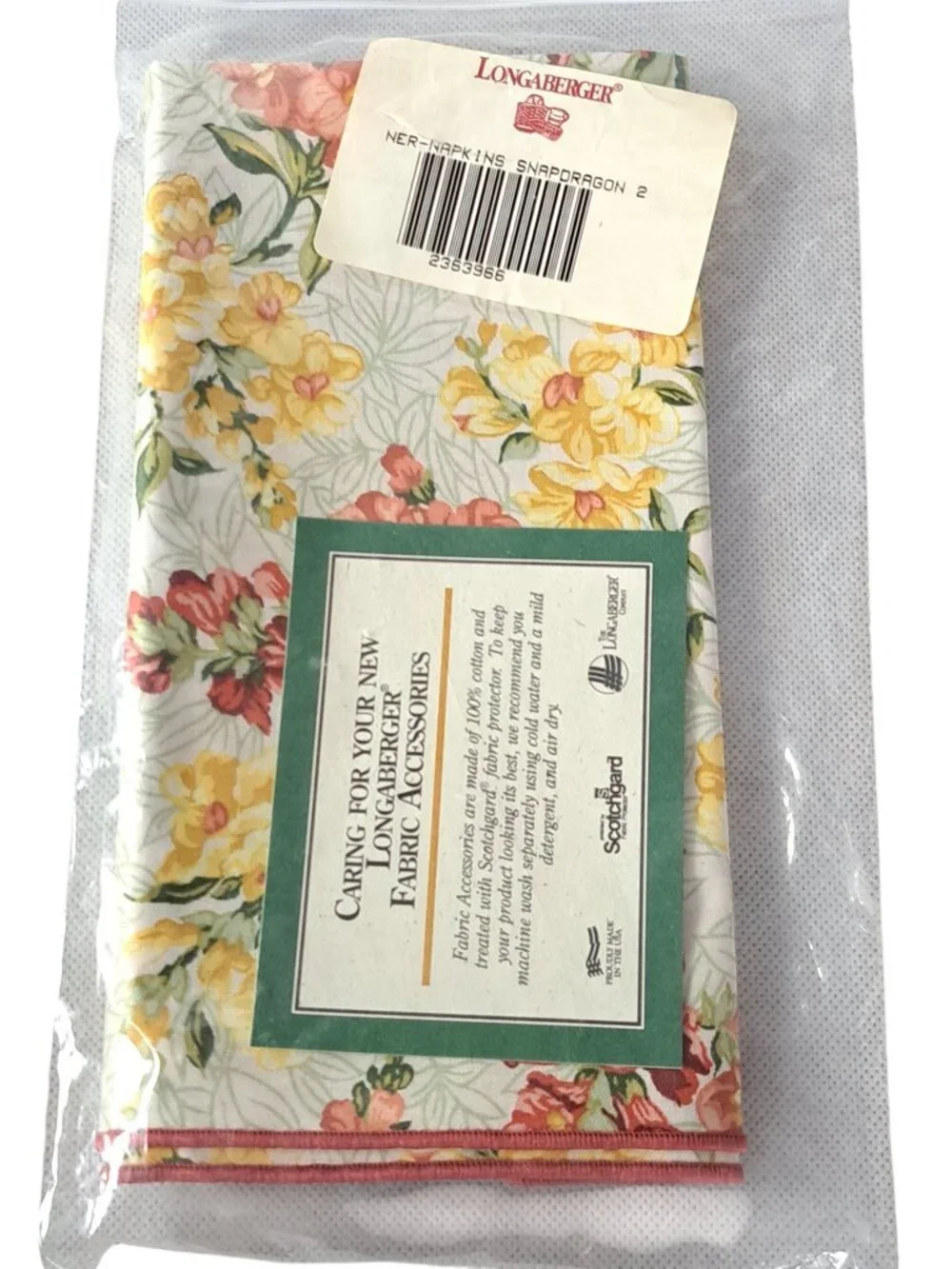 New Longaberger Snapdragon Cloth Napkins Floral Set Of 2 May Series 17x17 Fabric